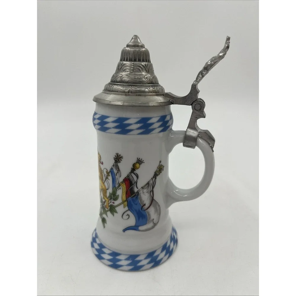 Vintage Kuhr Muhlried German Porcelain Beer Stein Pewter Lid Bavarian Lion Blue